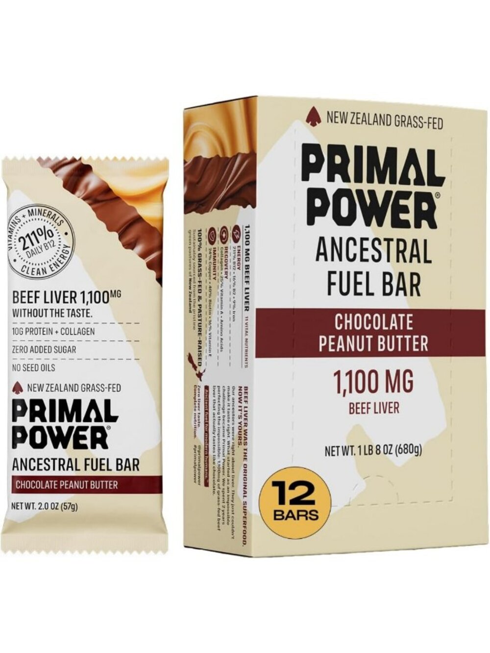 Primal Power Beef Liver Bar 1100mg - New Zealand Grass-Fed, 211% DV B12, 10g